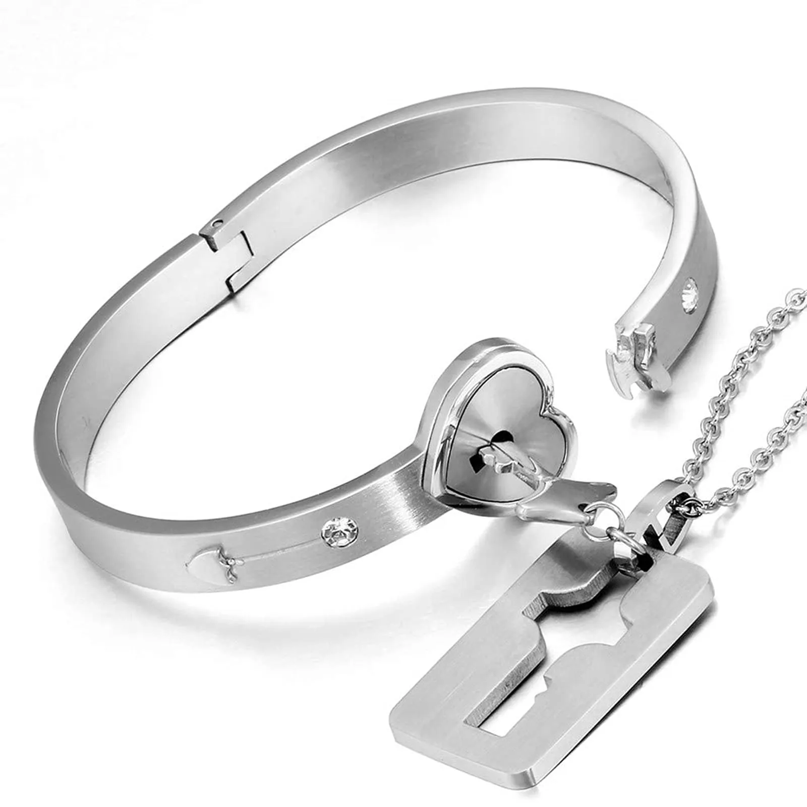 Flongo Set Collana e Bracciale per Coppia in Acciaio Inossidabile Cuore e Chiave, Argento - immagine 1