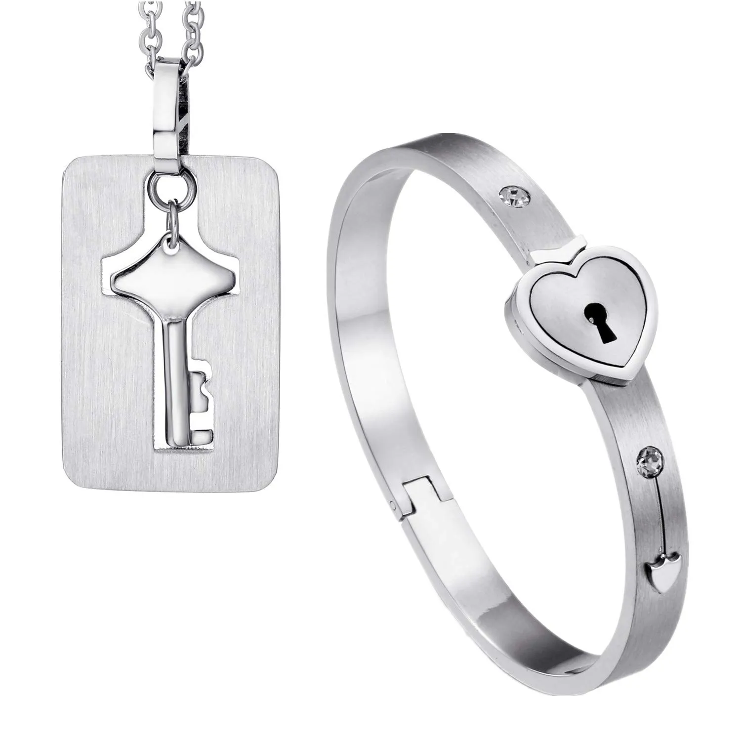 Flongo Set Collana e Bracciale per Coppia in Acciaio Inossidabile Cuore e Chiave, Argento - immagine 2