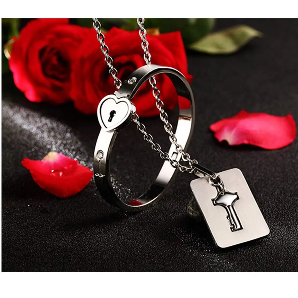 Flongo Set Collana e Bracciale per Coppia in Acciaio Inossidabile Cuore e Chiave, Argento - immagine 3