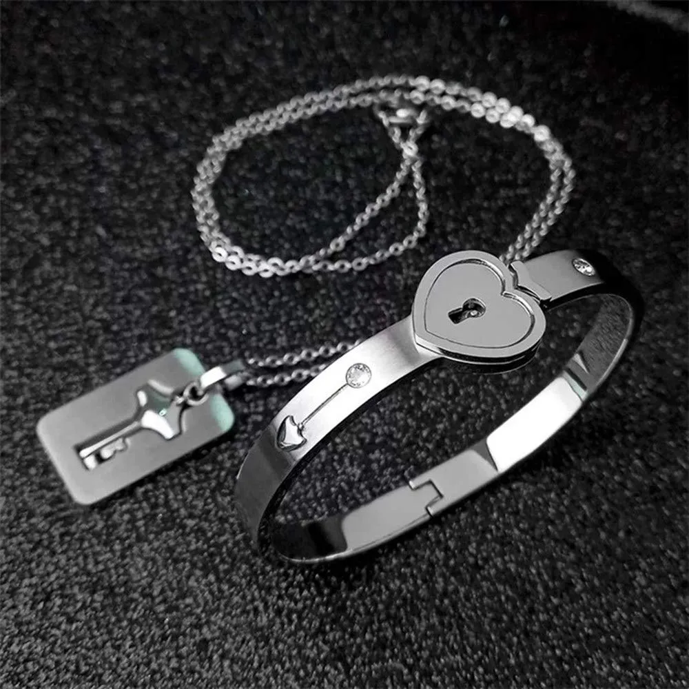 Flongo Set Collana e Bracciale per Coppia in Acciaio Inossidabile Cuore e Chiave, Argento - immagine 4