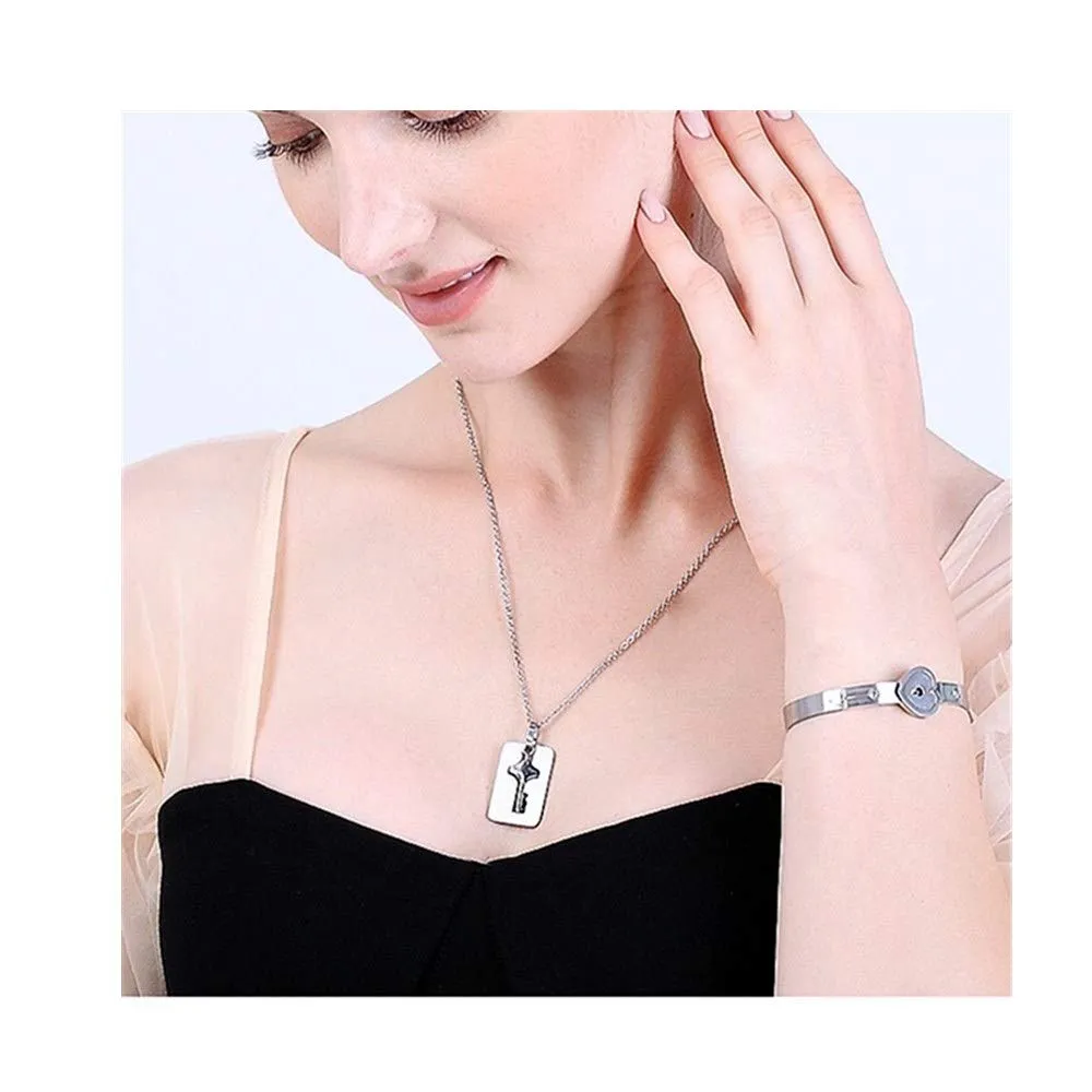 Flongo Set Collana e Bracciale per Coppia in Acciaio Inossidabile Cuore e Chiave, Argento - immagine 6