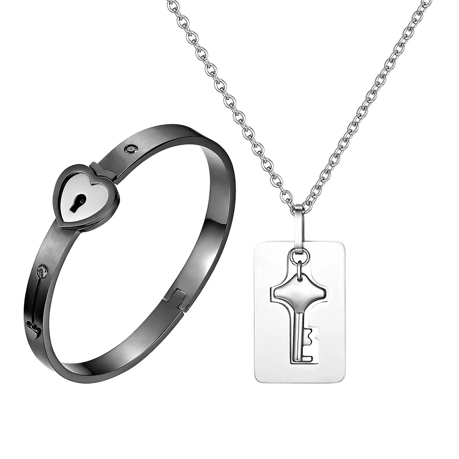 Flongo Set Collana e Bracciale per Coppia in Acciaio Inossidabile Cuore e Chiave - immagine 1