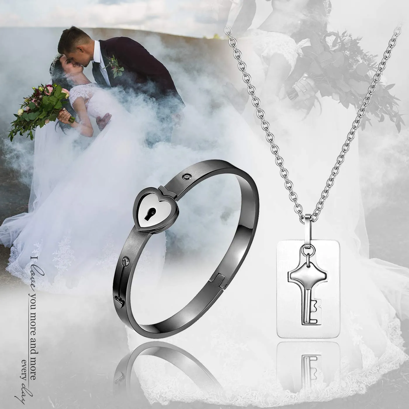 Flongo Set Collana e Bracciale per Coppia in Acciaio Inossidabile Cuore e Chiave - immagine 2