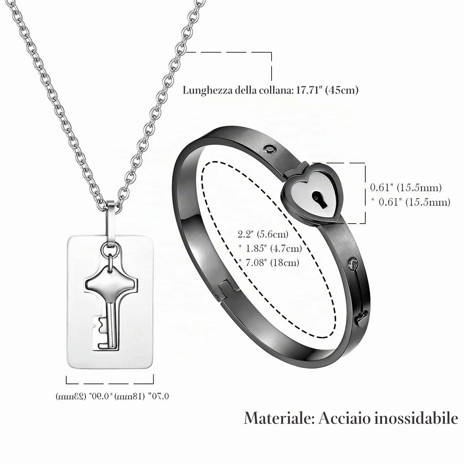Flongo Set Collana e Bracciale per Coppia in Acciaio Inossidabile Cuore e Chiave - immagine 5