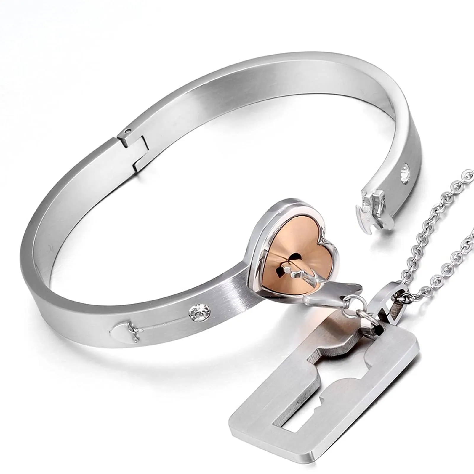 Flongo Set Collana e Bracciale per Coppia in Acciaio Inossidabile con Cuore e Chiave - immagine 1