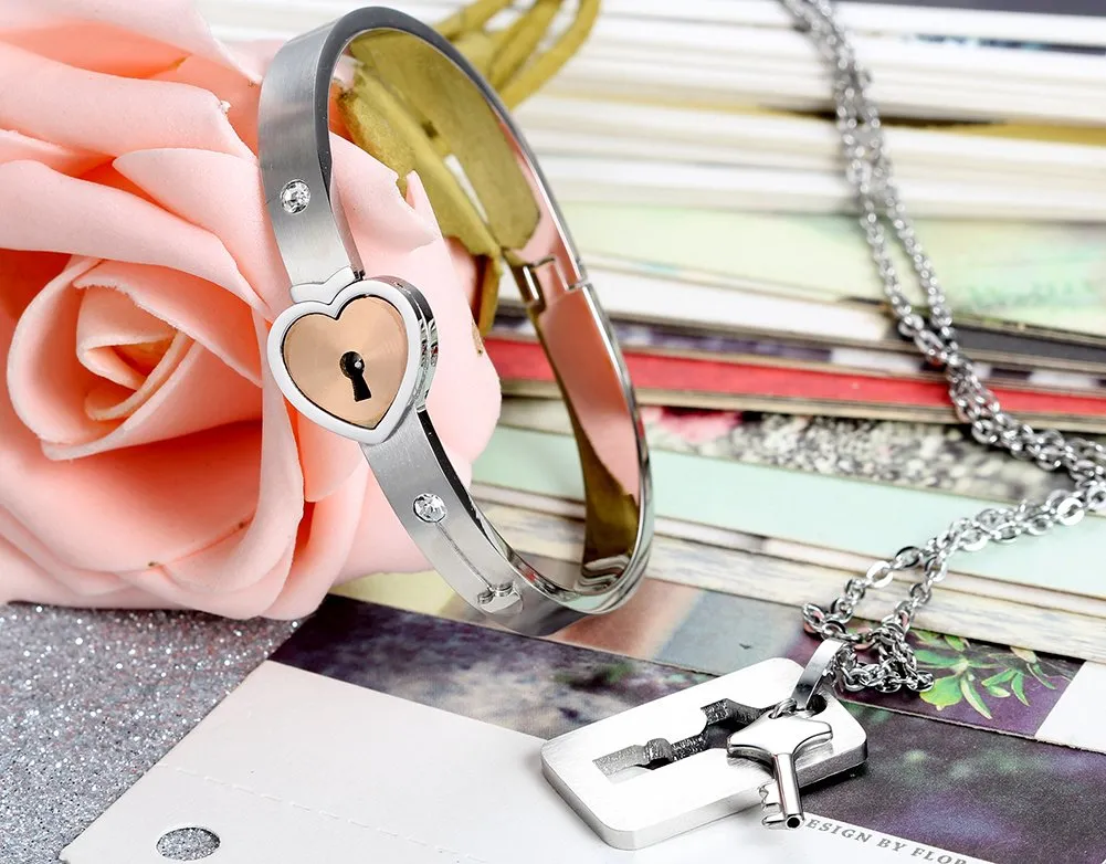 Flongo Set Collana e Bracciale per Coppia in Acciaio Inossidabile con Cuore e Chiave - immagine 2