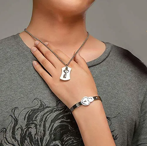 Flongo Set Collana e Bracciale per Coppia in Acciaio Inossidabile con Cuore e Chiave - immagine 4