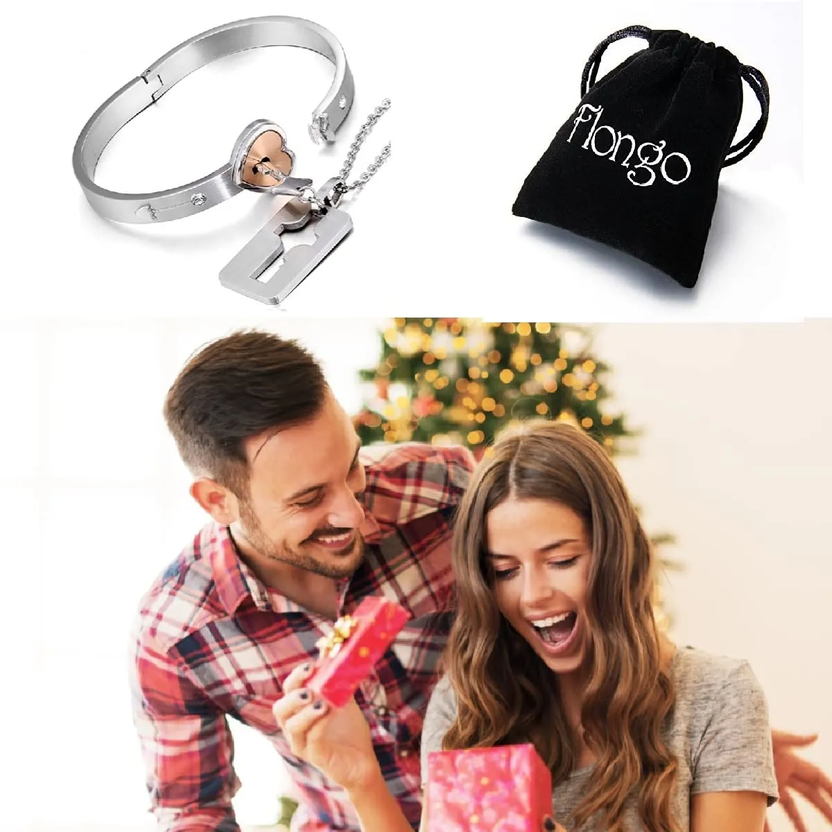 Flongo Set Collana e Bracciale per Coppia in Acciaio Inossidabile con Cuore e Chiave - immagine 6