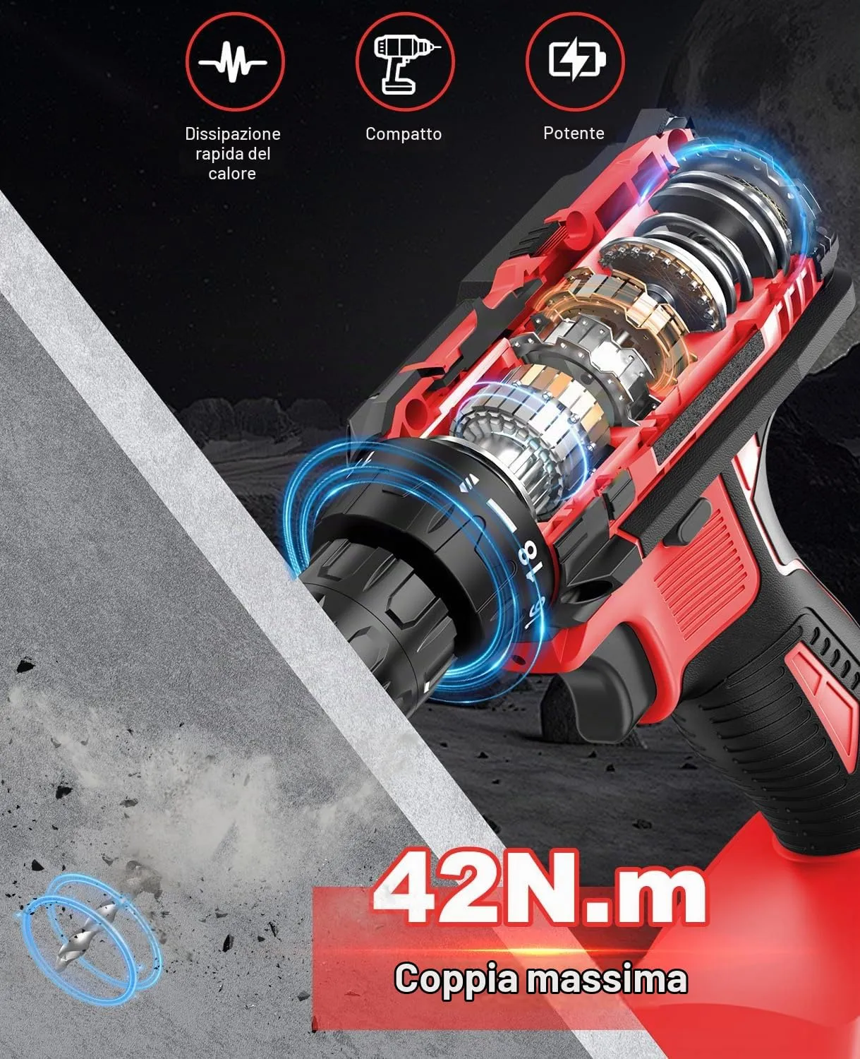 MHPRO Trapano Avvitatore a Batteria 21V, 42 Nm, 2.0 Ah - immagine 6