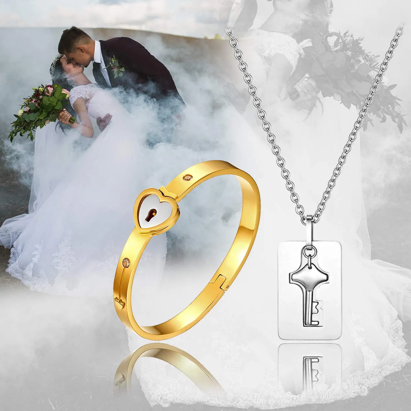 Flongo Set Collana e Bracciale da Coppia in Acciaio Inossidabile Cuore e Chiave - immagine 2