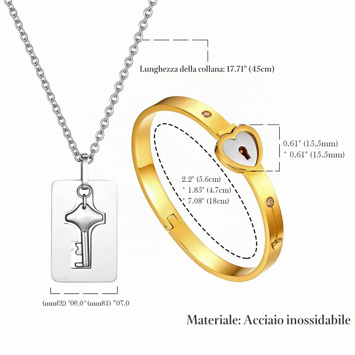 Flongo Set Collana e Bracciale da Coppia in Acciaio Inossidabile Cuore e Chiave - immagine 5