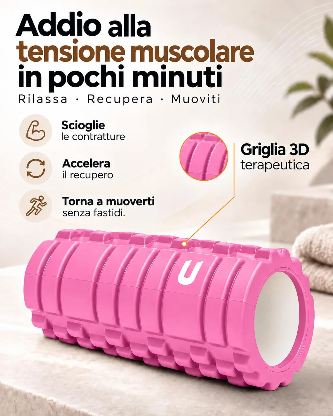 unycos Foam Roller EVA per Massaggio Muscolare, 33x14 cm, Rosa - immagine 2