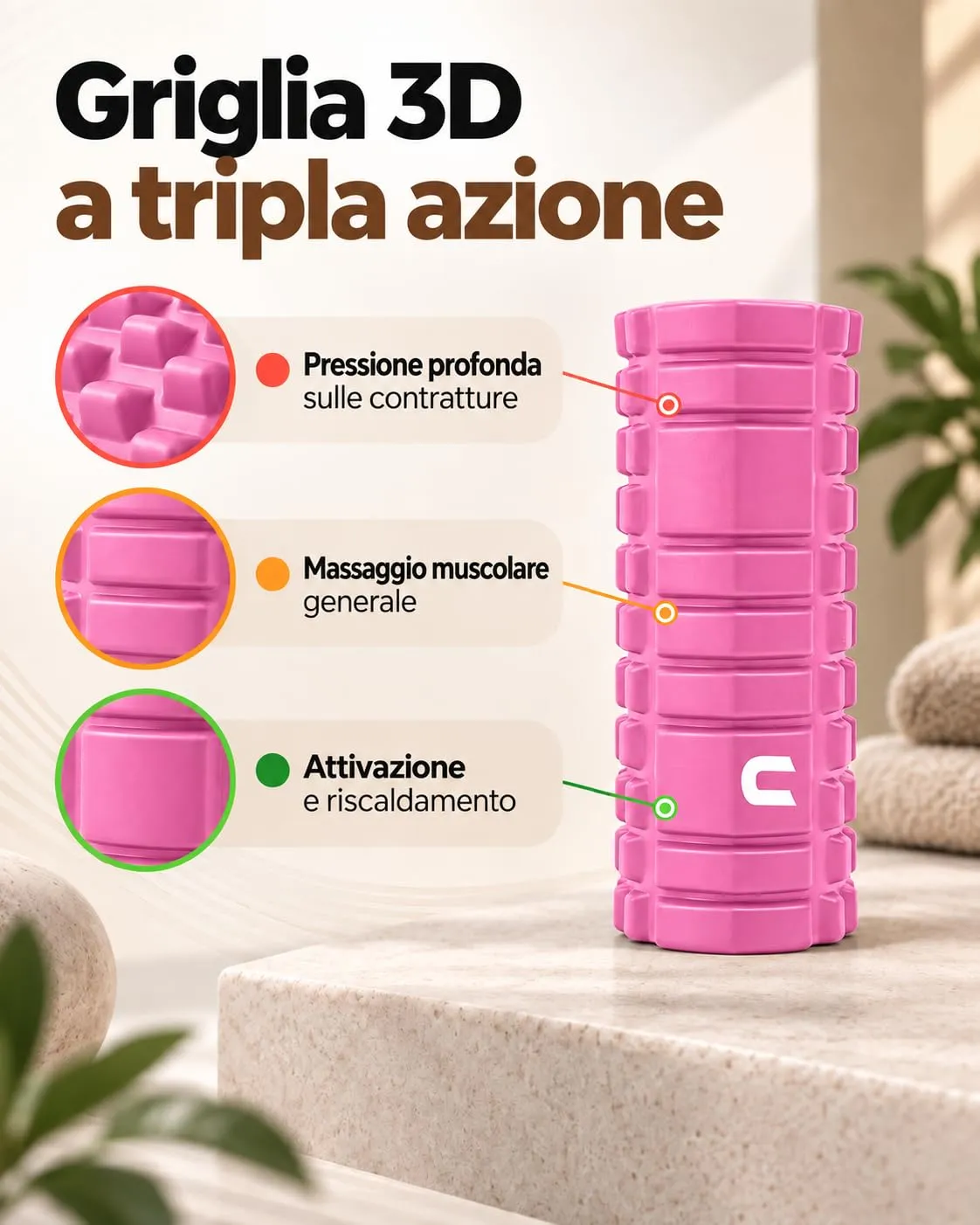 unycos Foam Roller EVA per Massaggio Muscolare, 33x14 cm, Rosa - immagine 3