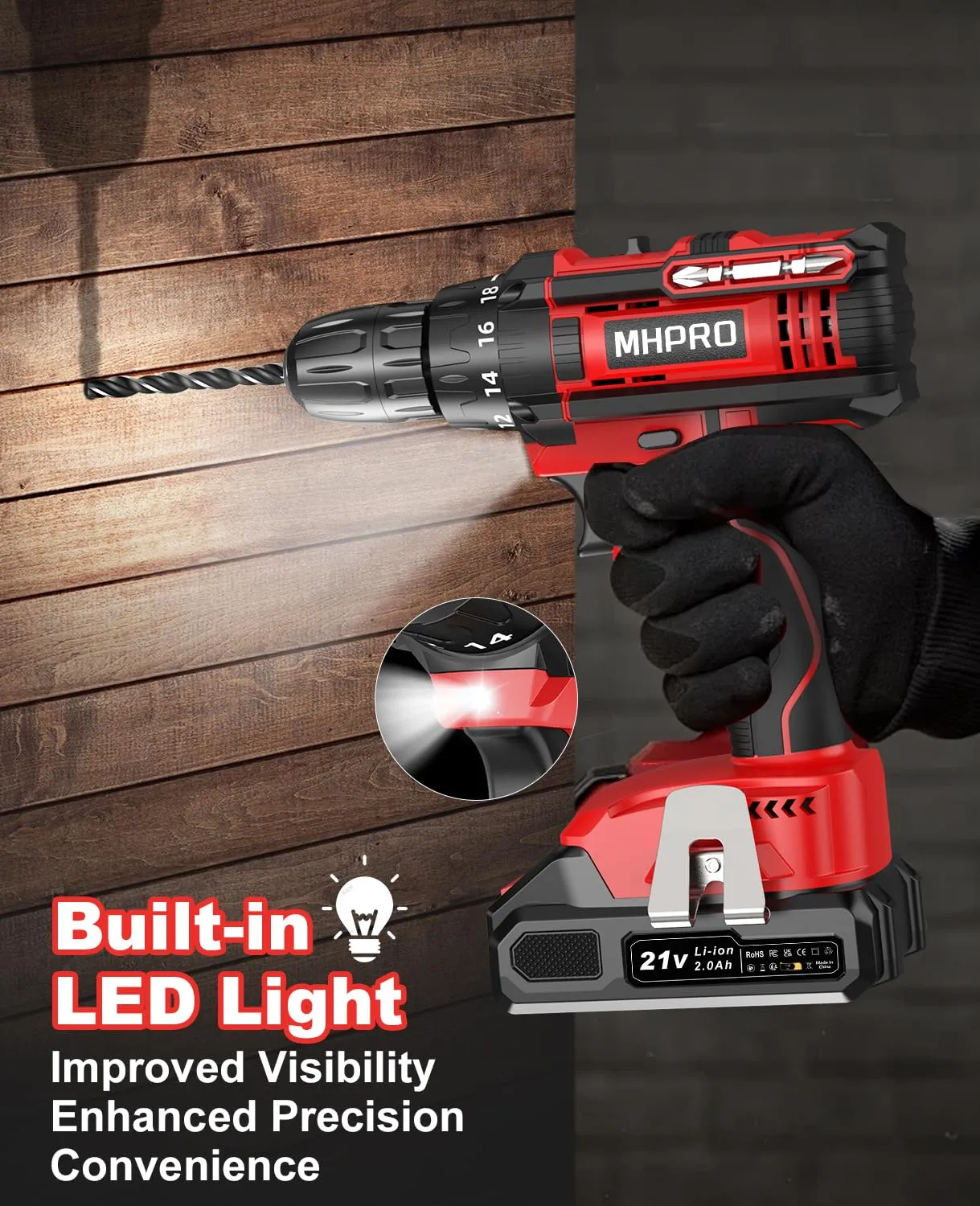 MHPRO Trapano Avvitatore a Batteria 21V, 42 Nm, con 2 Batterie da 2,0 Ah - immagine 3