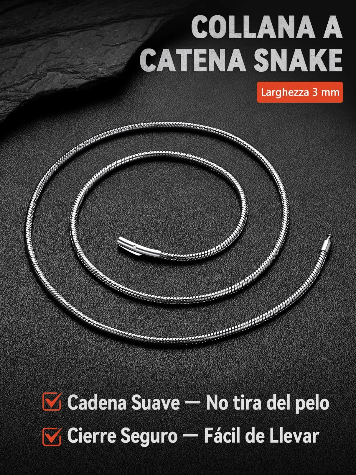 FaithHeart Collana Uomo Catena Serpente Acciaio Inox 3mm 40cm - immagine 9