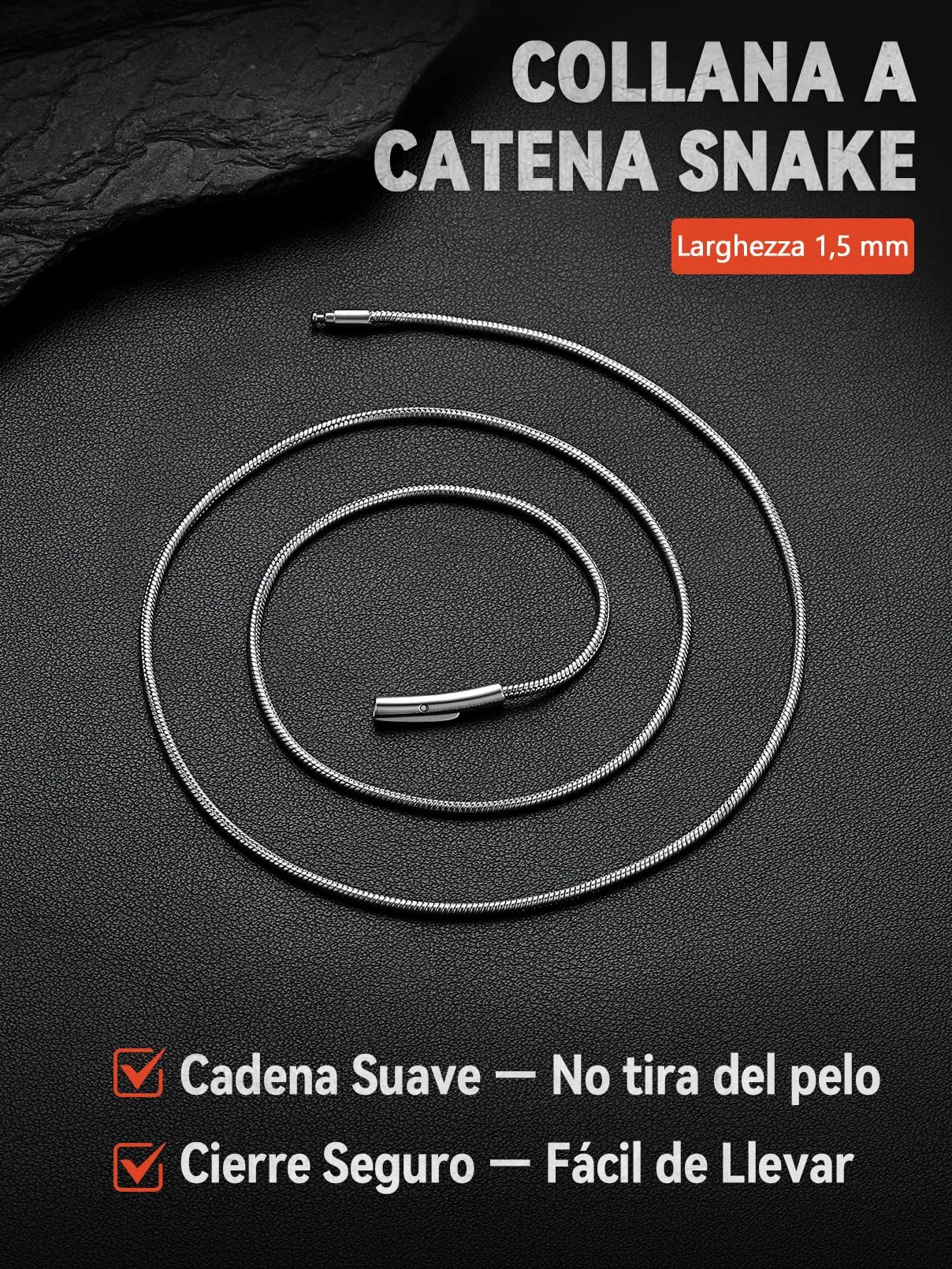 FaithHeart Collana Uomo Catena Serpente in Acciaio Inox 1,5mm 65cm - immagine 7