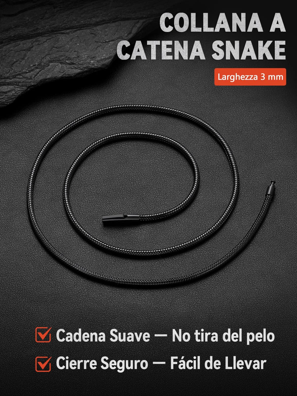 FaithHeart Collana Uomo Catena Serpente in Acciaio Inox 3mm 40cm - immagine 8