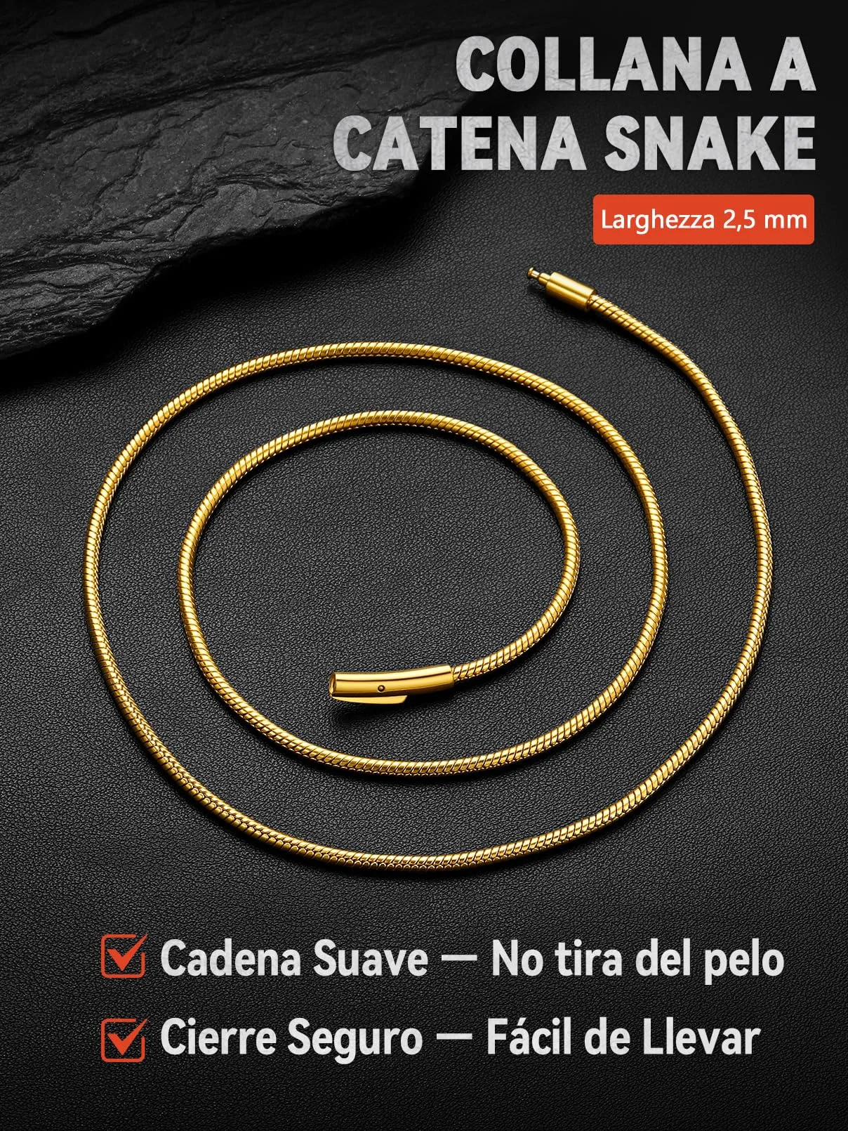 FaithHeart Collana Uomo Catena Serpente in Acciaio Inox, 2,5mm 75cm - immagine 3