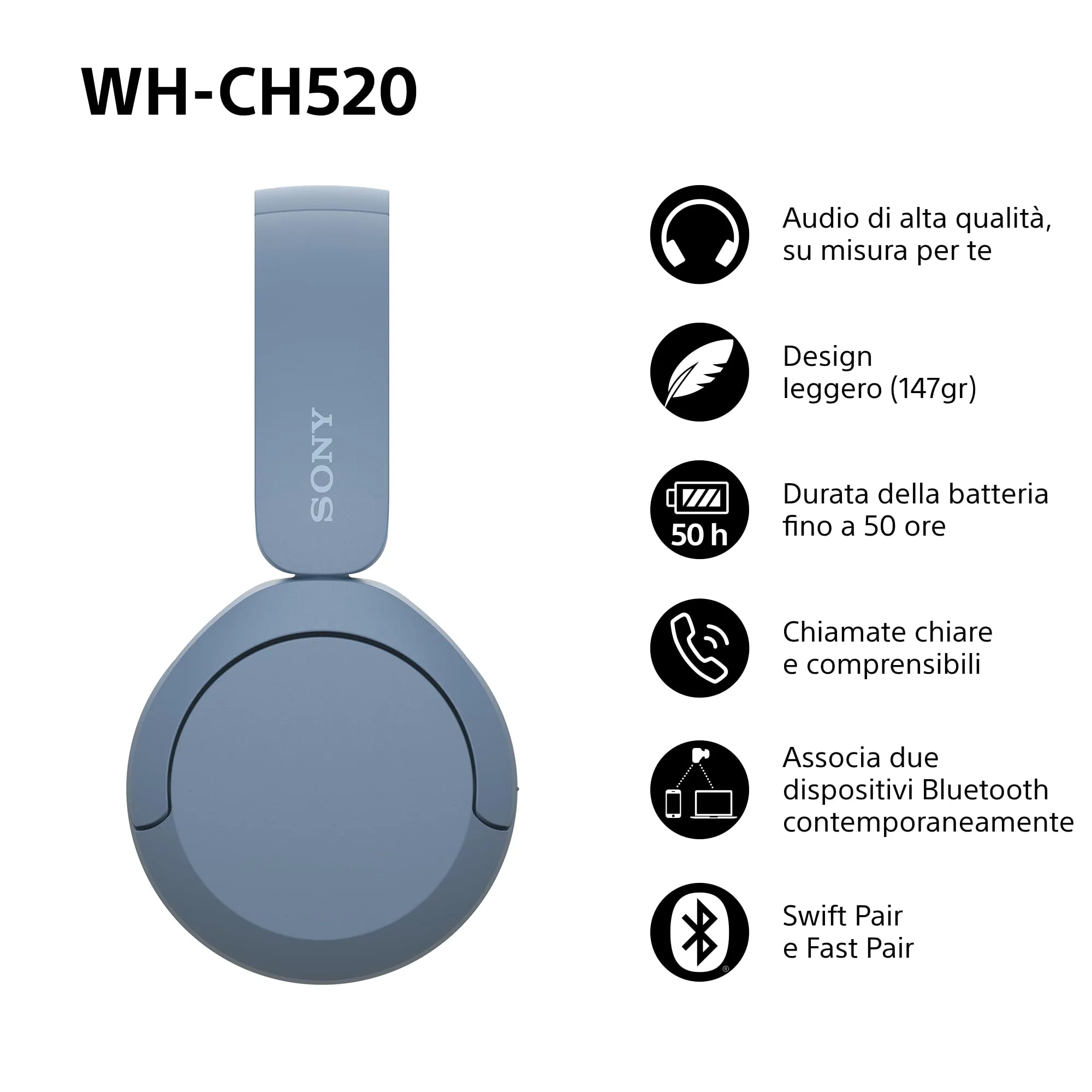Sony WH-CH520 Cuffie Wireless Blu - immagine 3