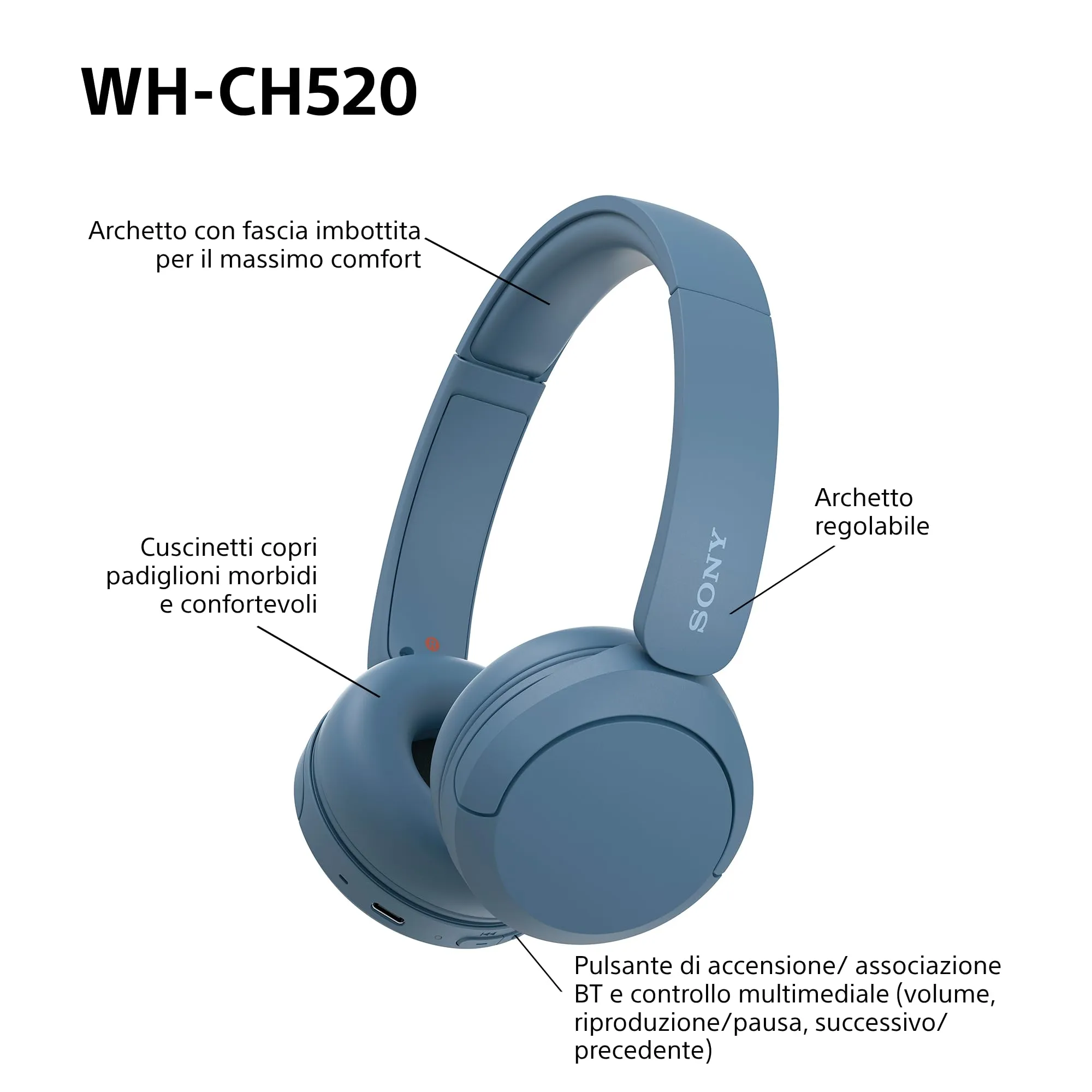 Sony WH-CH520 Cuffie Wireless Blu - immagine 9