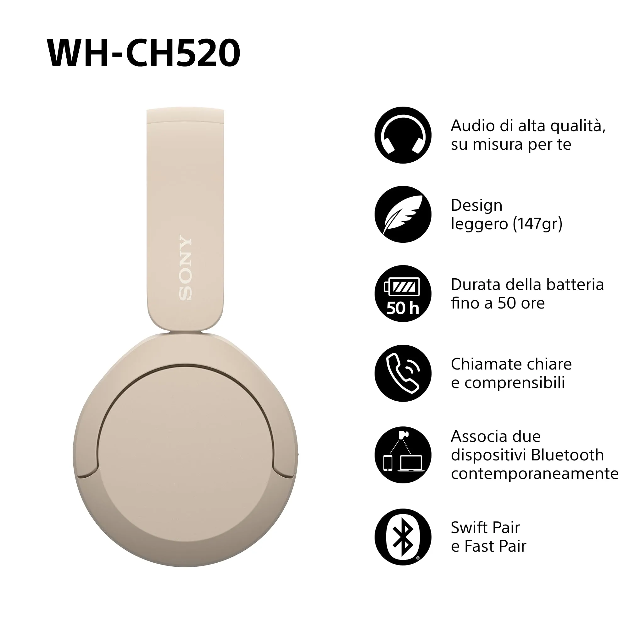 Sony WH-CH520 Cuffie Wireless - Beige - immagine 4