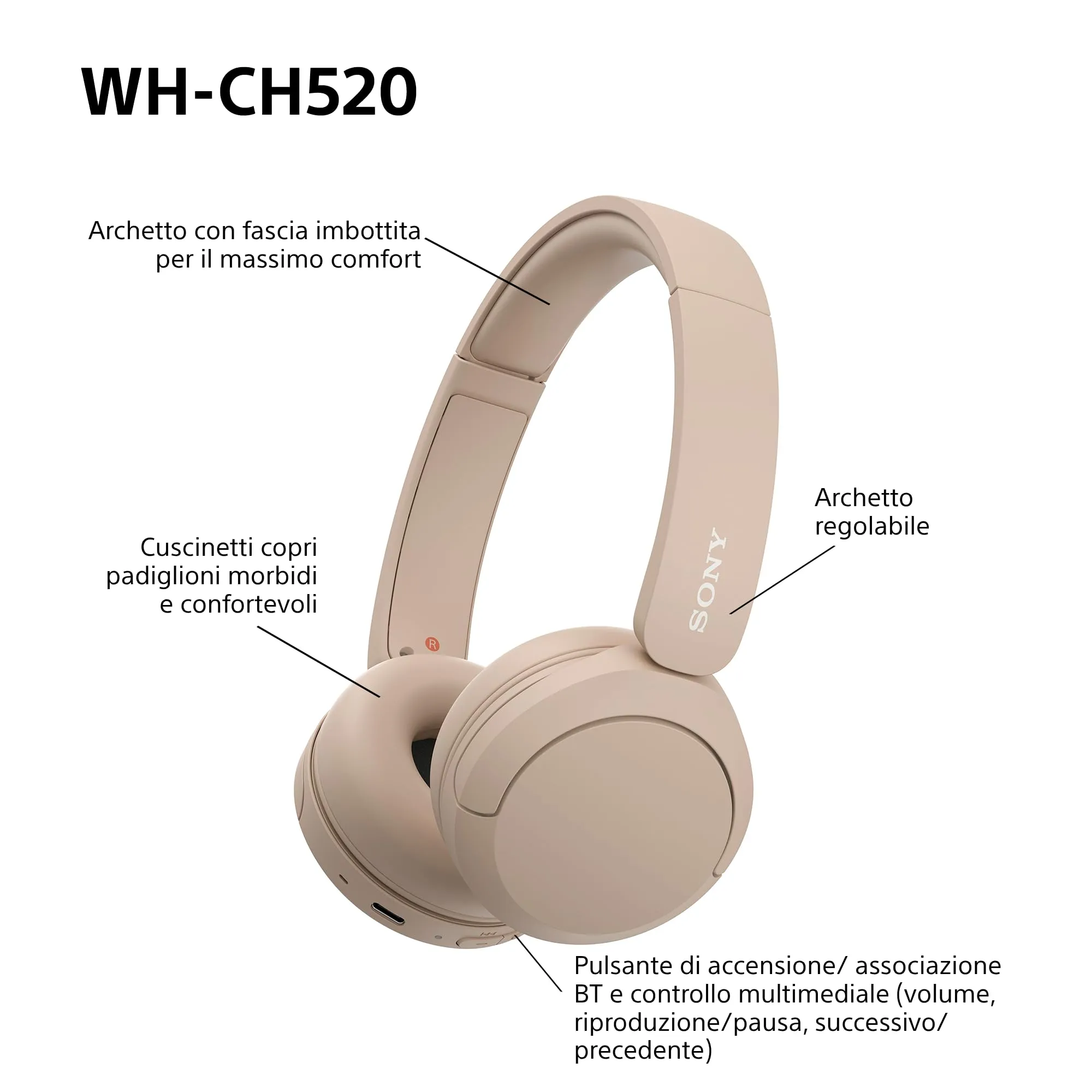 Sony WH-CH520 Cuffie Wireless - Beige - immagine 10