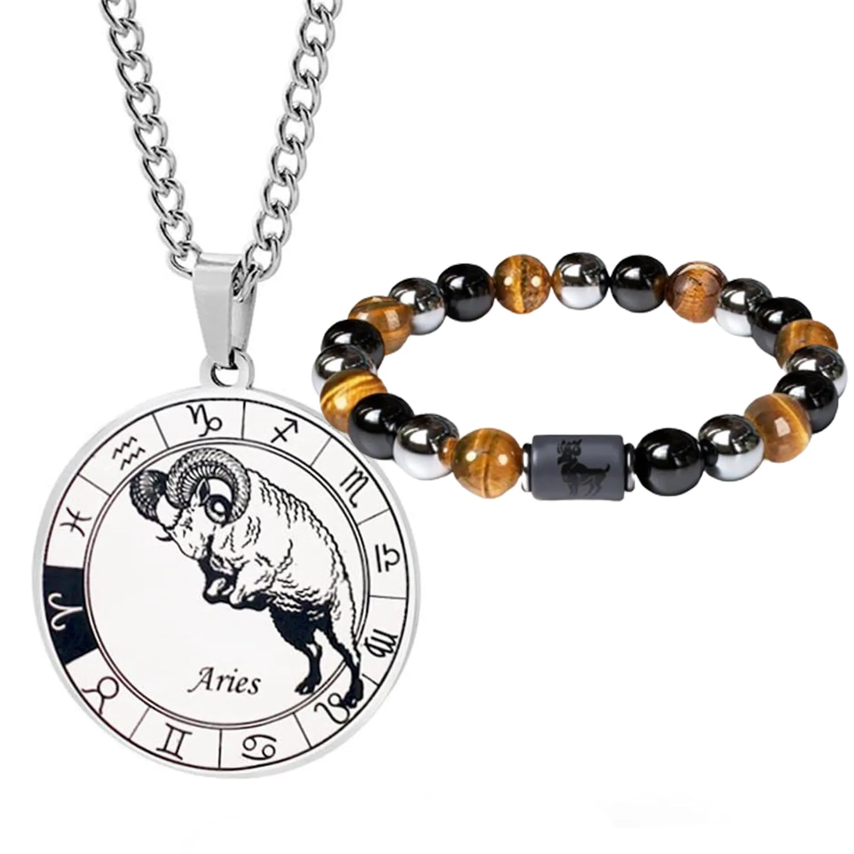 Caimeytie Set uomo segno zodiacale con collana e bracciale a costellazione in acciaio inox e perle, Ariete - immagine 1