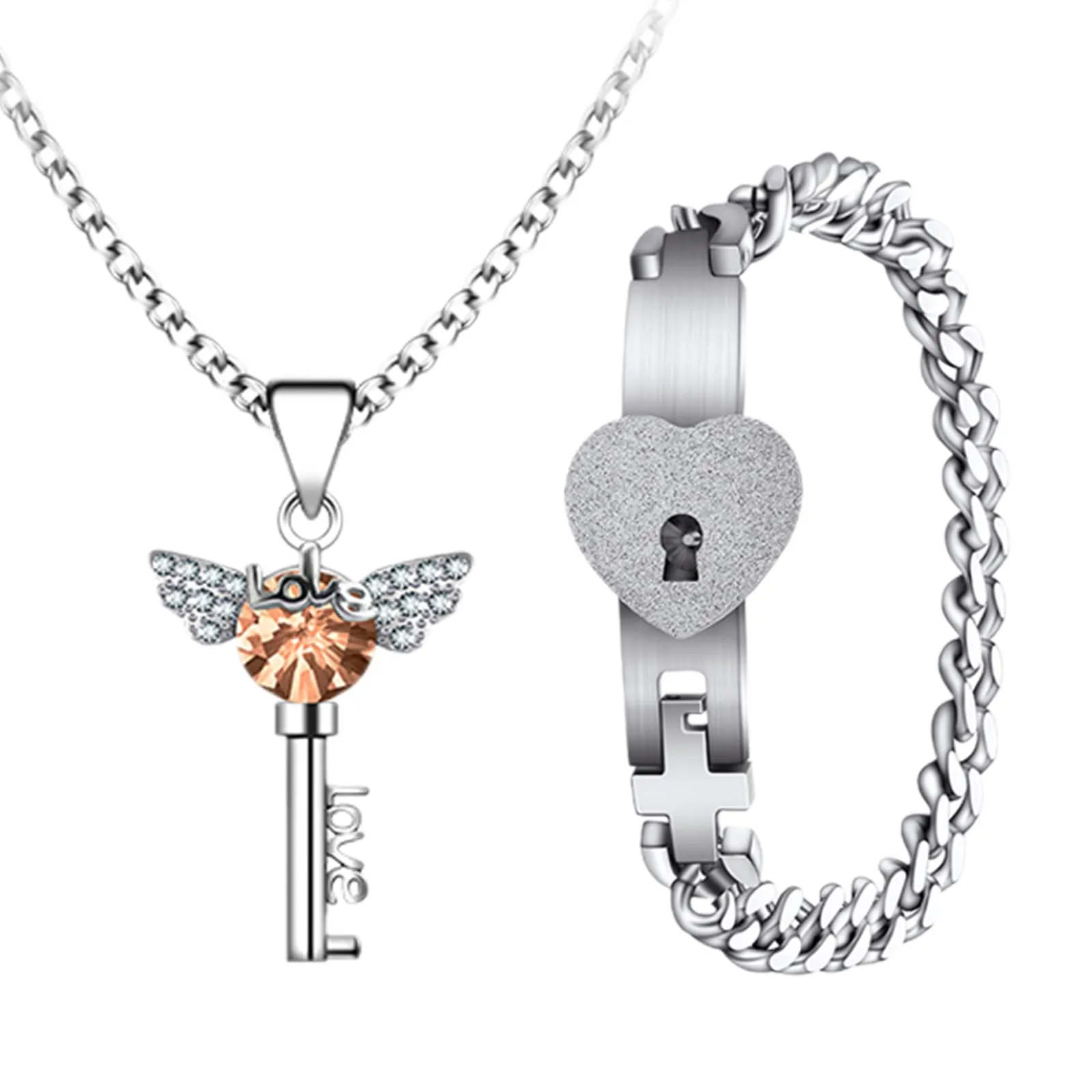 Flongo Set Collana e Bracciale Chiave e Lucchetto con Zircone per Coppia - immagine 1