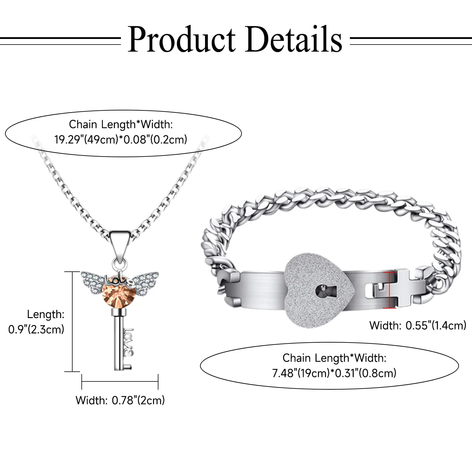 Flongo Set Collana e Bracciale Chiave e Lucchetto con Zircone per Coppia - immagine 2