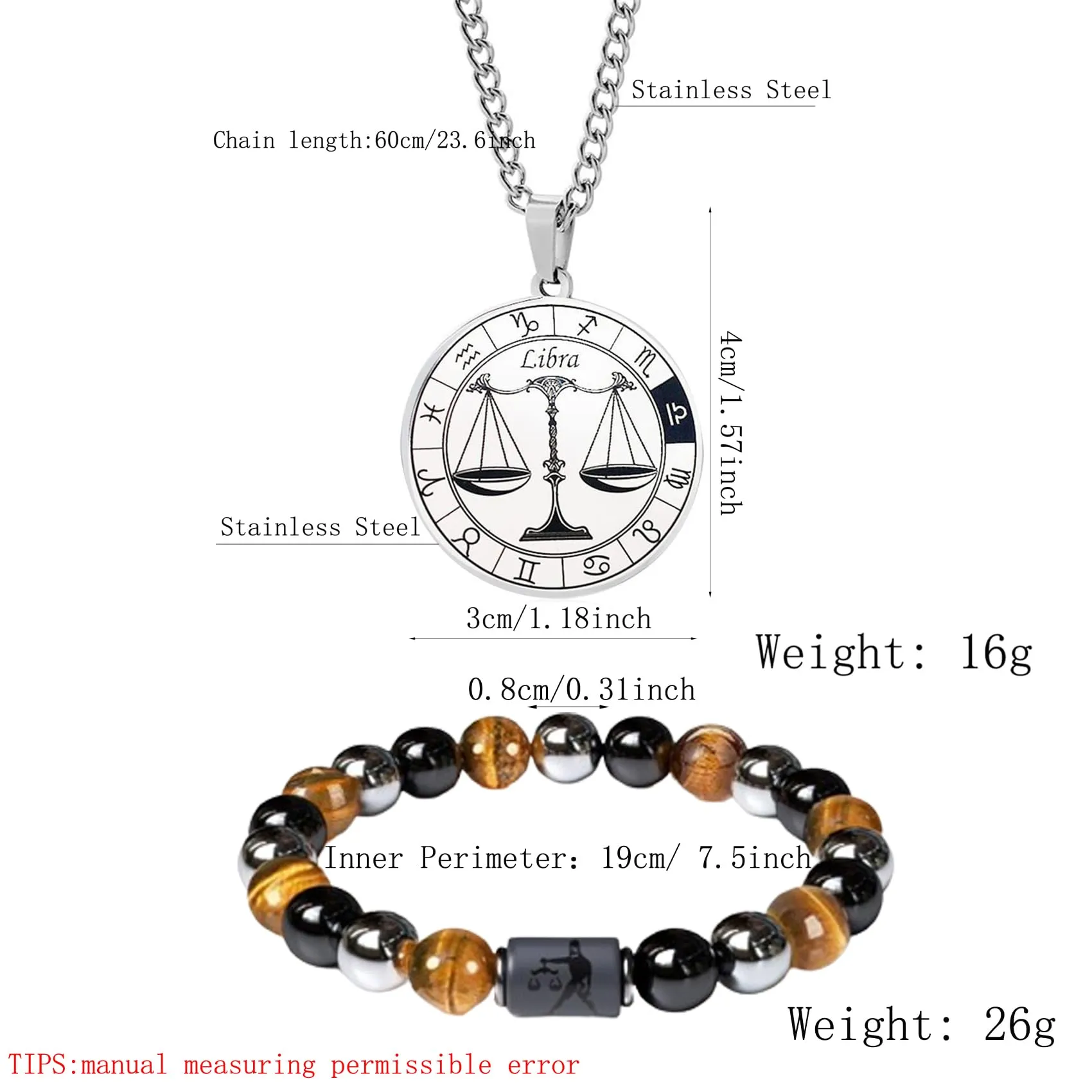 Caimeytie Set da uomo con segno zodiacale, collana e bracciale a costellazione in acciaio inox e perle - immagine 2