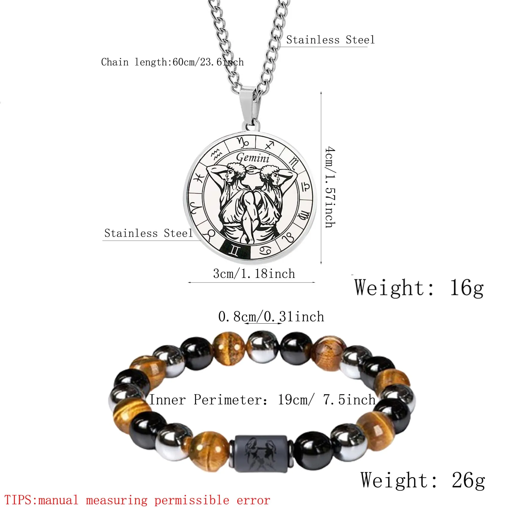 Caimeytie Set Collana e Bracciale Segno Zodiacale in Acciaio Inossidabile per Uomo - immagine 3