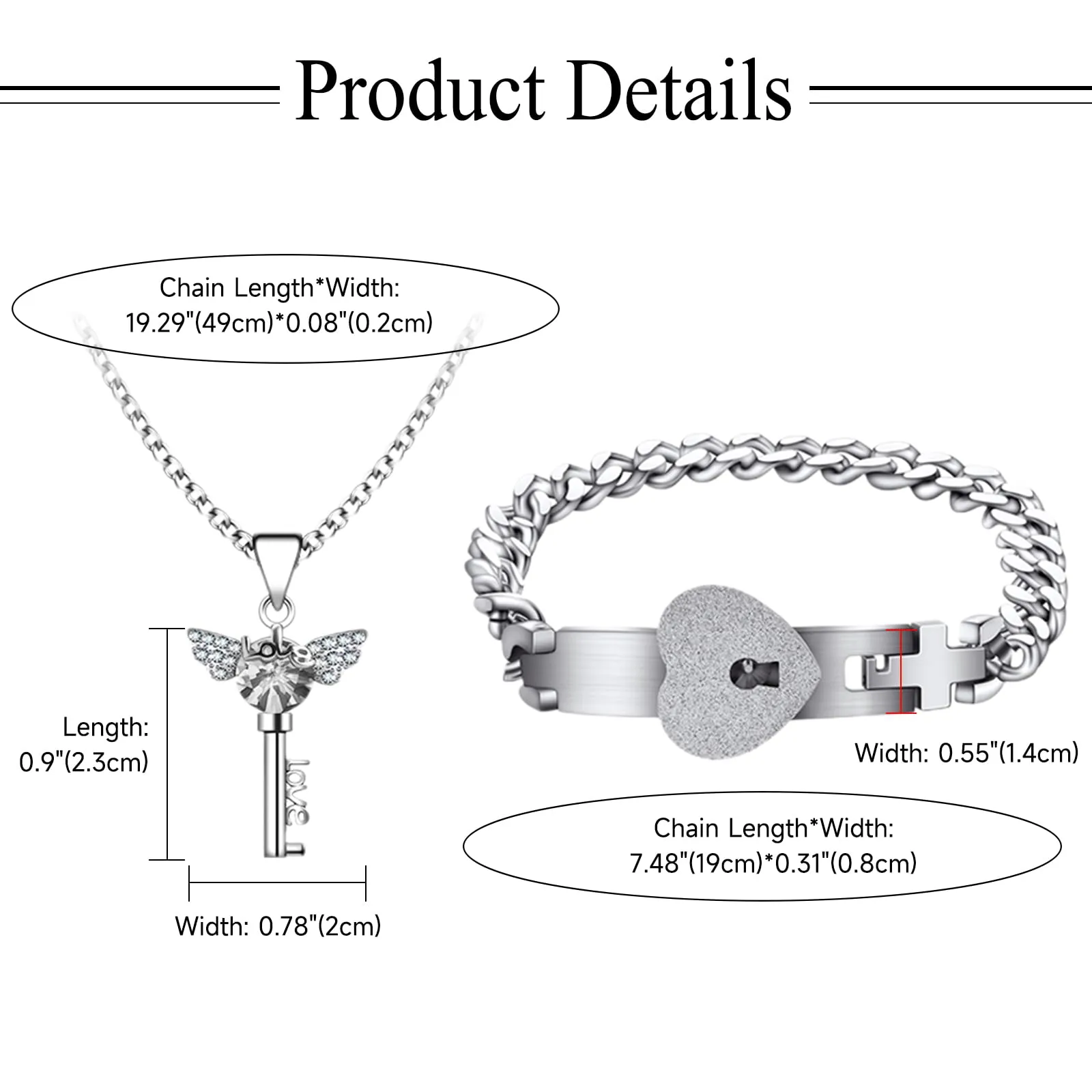 Flongo Set Collana e Bracciale Chiave e Lucchetto con Zircone per Coppia - immagine 2