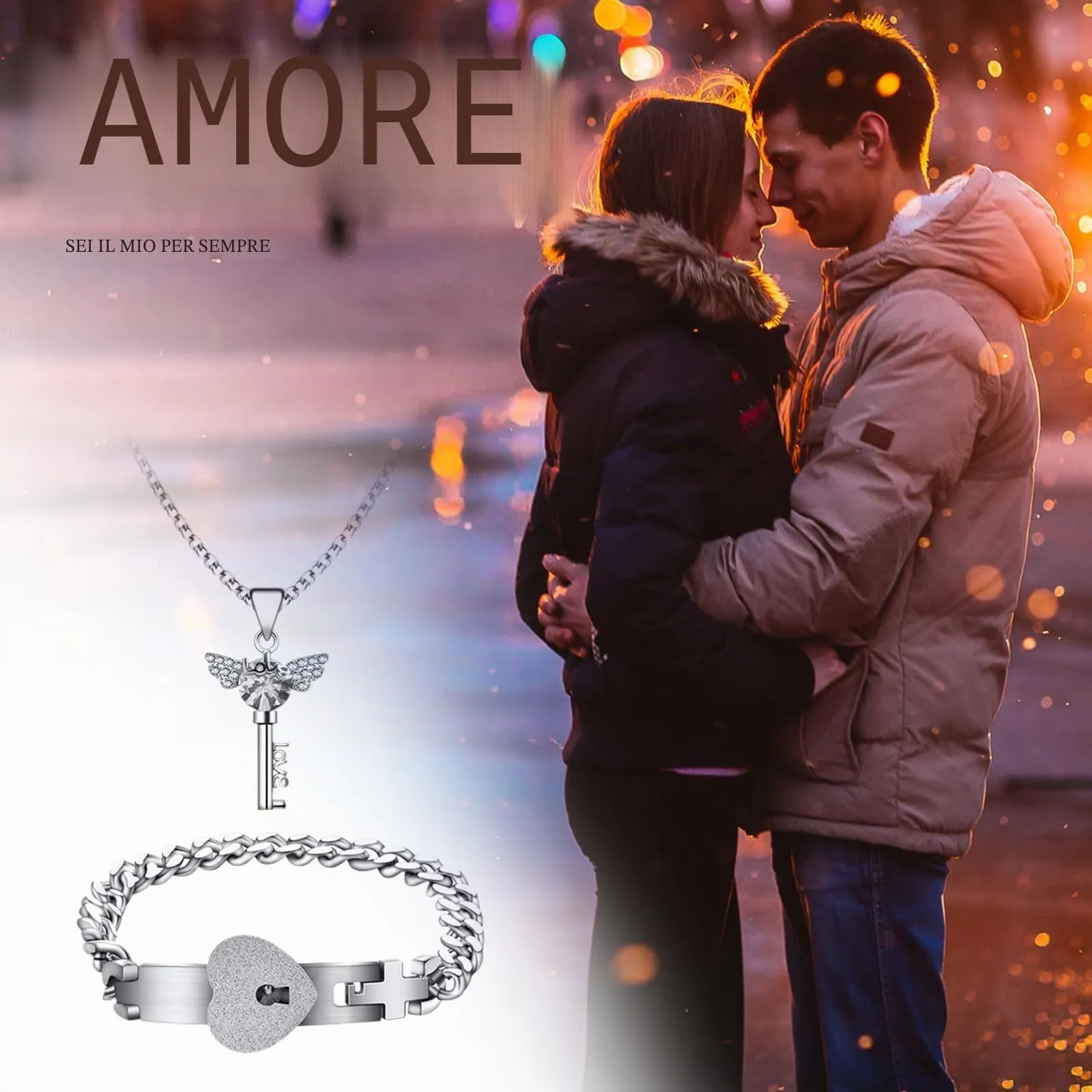 Flongo Set Collana e Bracciale Chiave e Lucchetto con Zircone per Coppia - immagine 3