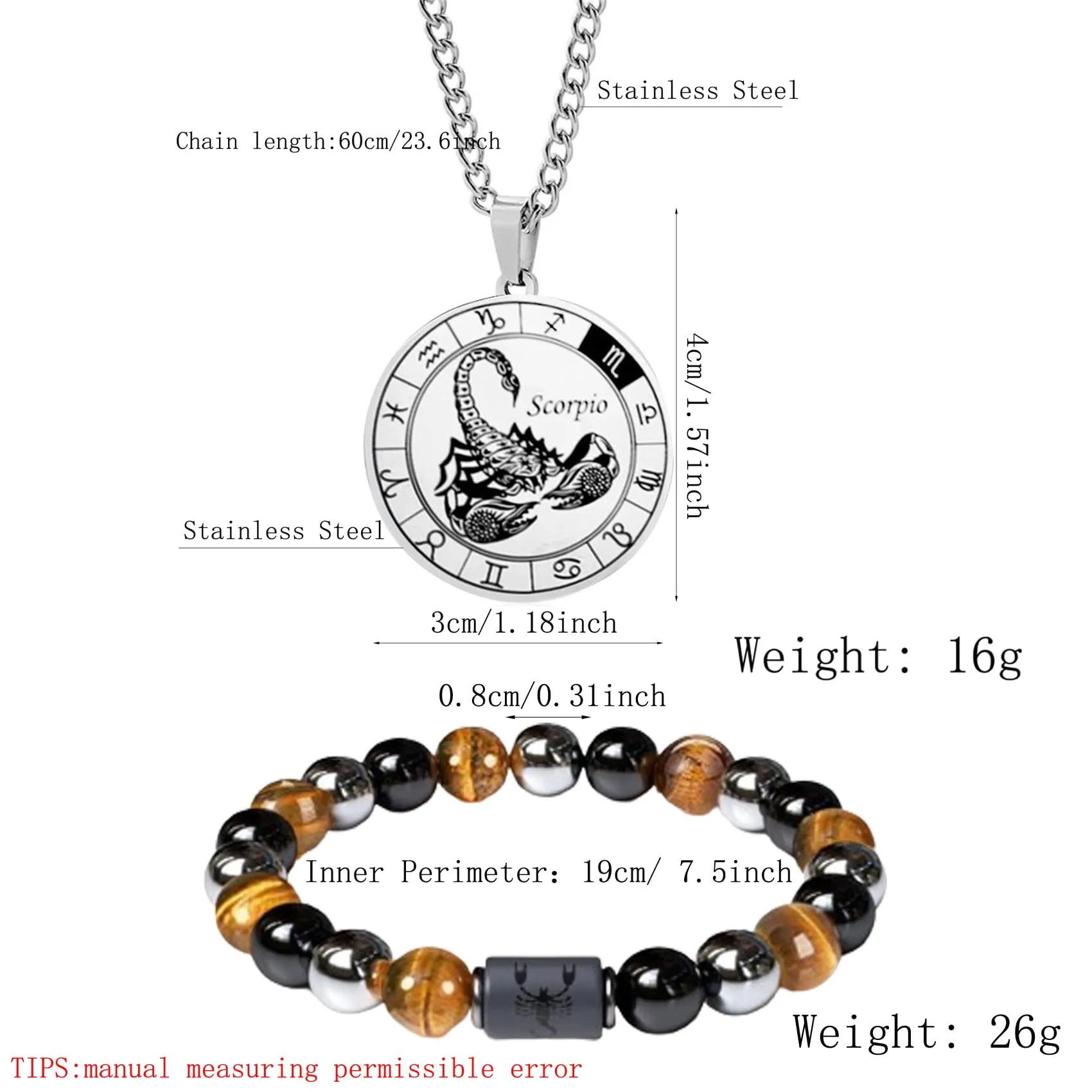 Caimeytie Set di Collana e Bracciale da Uomo con Segno Zodiacale, Acciaio Inossidabile, 60cm - immagine 4