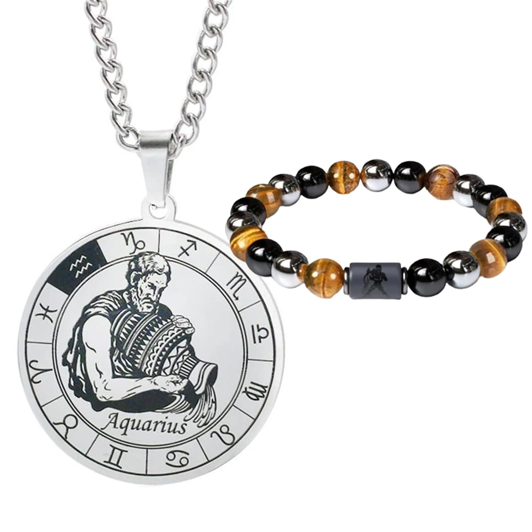 Caimeytie Set Collana e Bracciale Segno Zodiacale in Acciaio Inox e Perle da Uomo - immagine 1