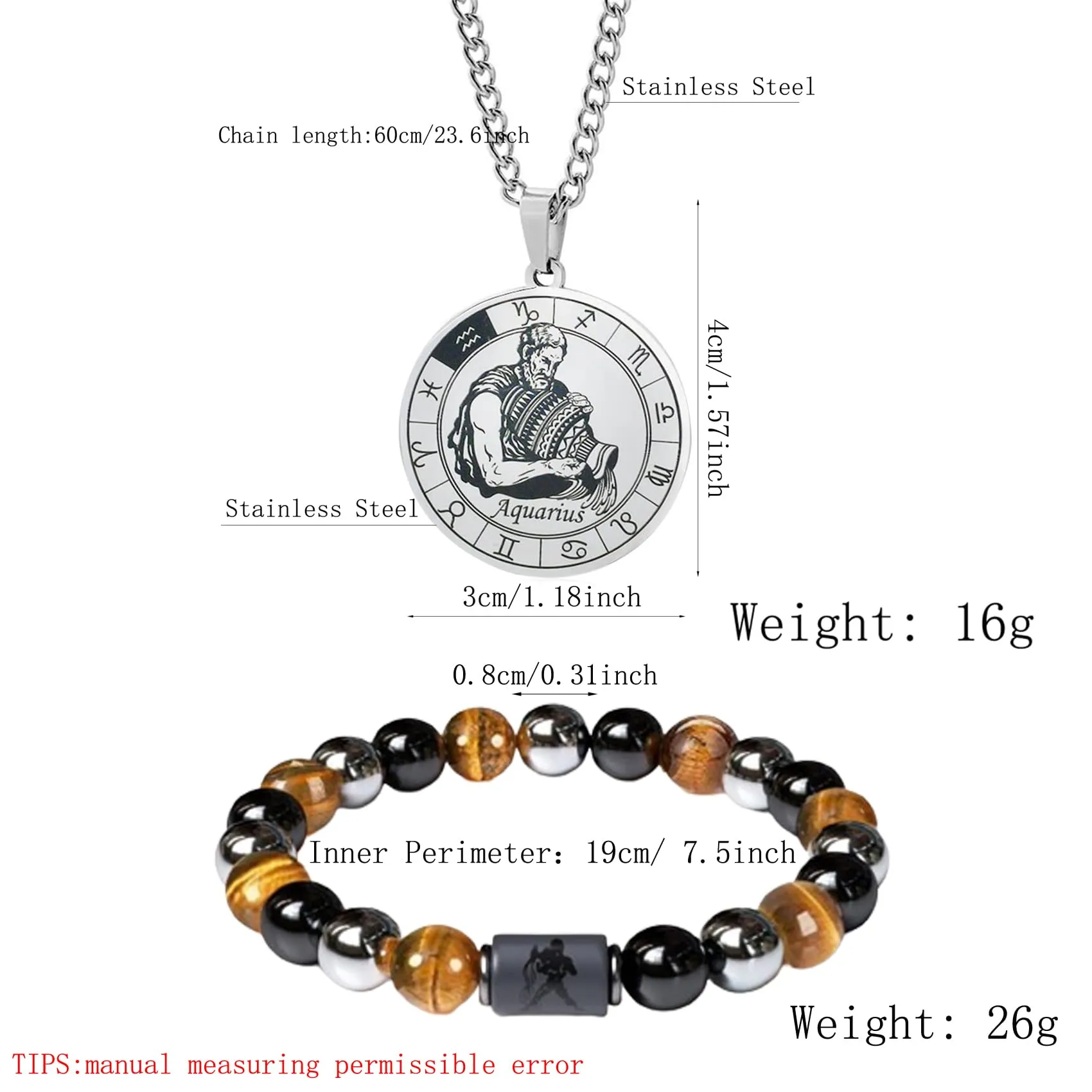 Caimeytie Set Collana e Bracciale Segno Zodiacale in Acciaio Inox e Perle da Uomo - immagine 5