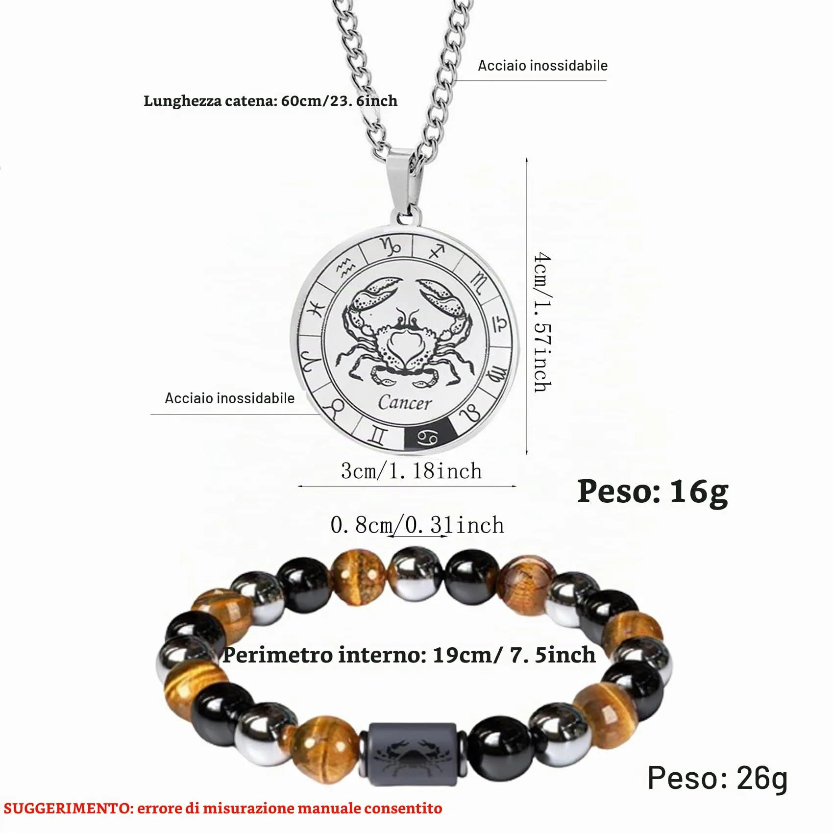 Caimeytie Set collana e bracciale segno zodiacale in acciaio inossidabile e perle per uomo - immagine 3