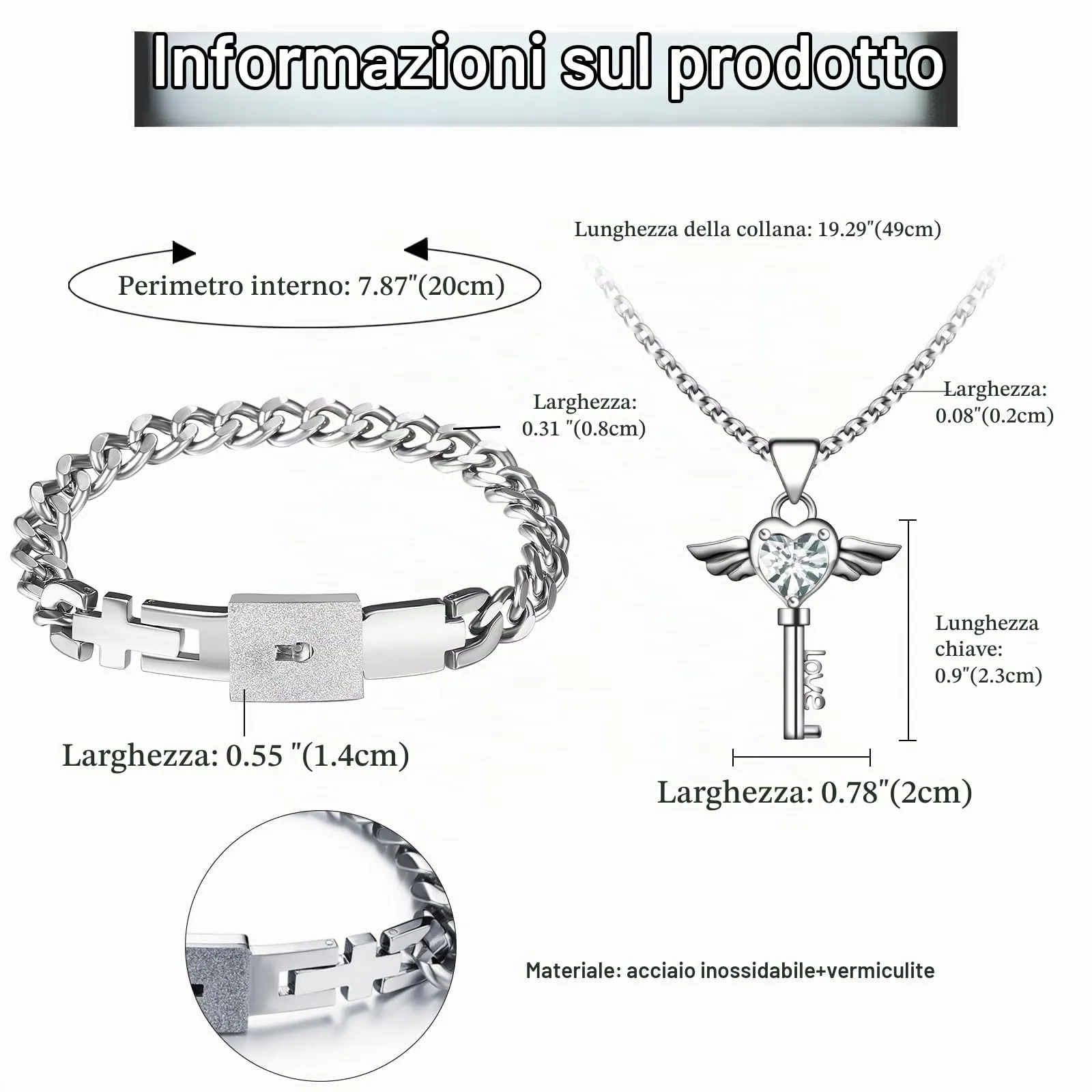 Flongo Set Collana e Bracciale per Coppia con Lucchetto e Chiave, Acciaio Inossidabile, Argento - immagine 4