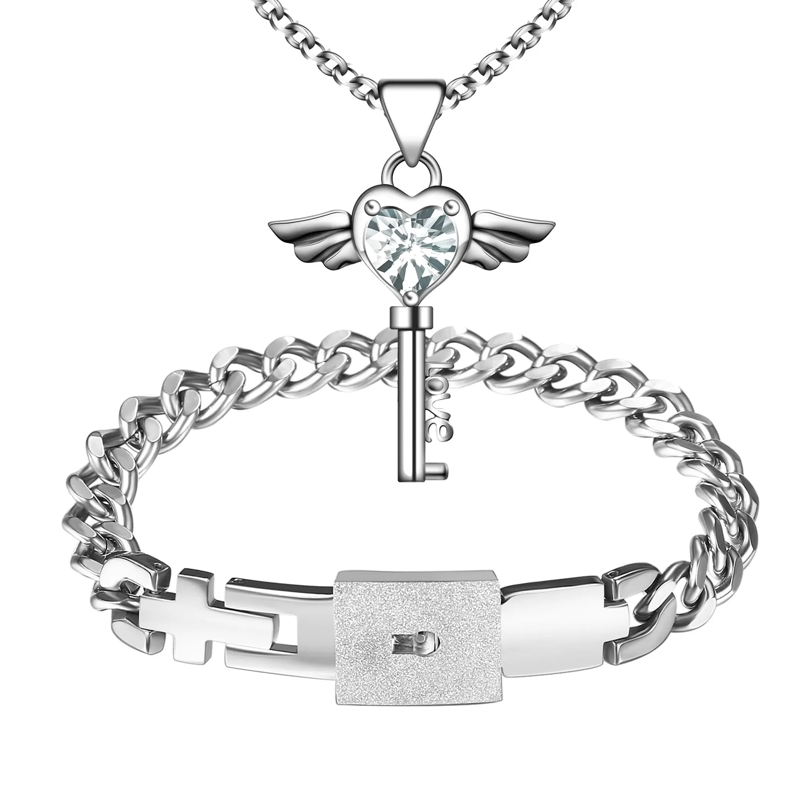Flongo Set Collana e Bracciale per Coppia con Lucchetto e Chiave, Argento - immagine 1