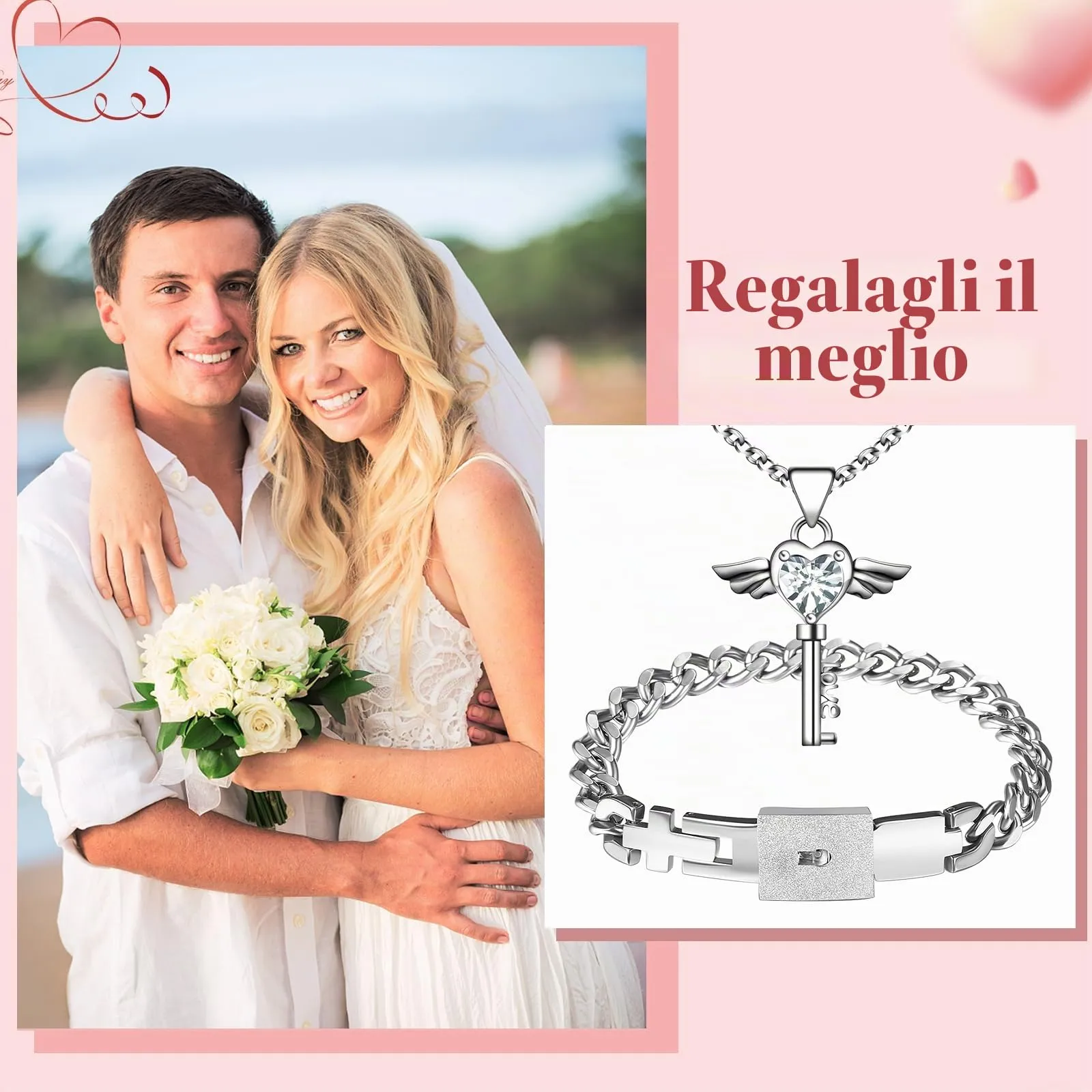 Flongo Set Collana e Bracciale per Coppia con Lucchetto e Chiave, Argento - immagine 2
