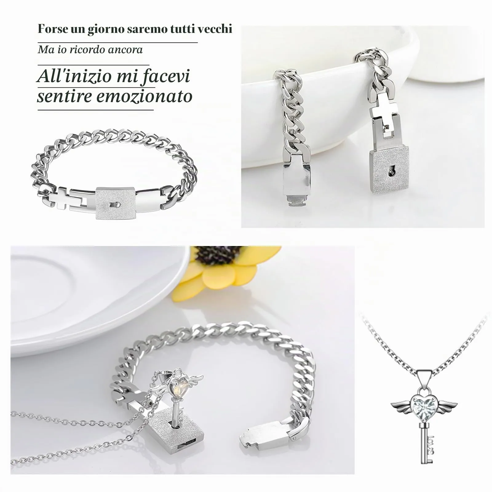 Flongo Set Collana e Bracciale per Coppia con Lucchetto e Chiave, Argento - immagine 4