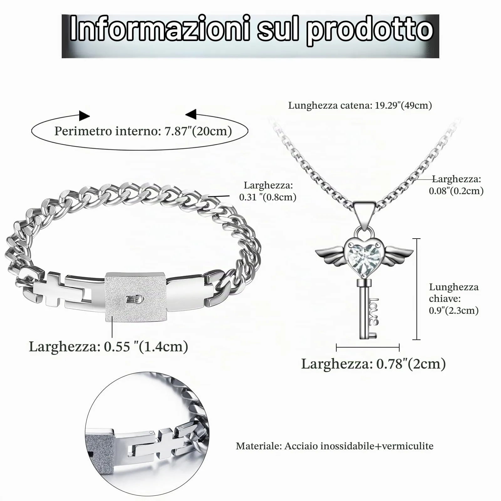Flongo Set Collana e Bracciale per Coppia con Lucchetto e Chiave, Argento - immagine 6