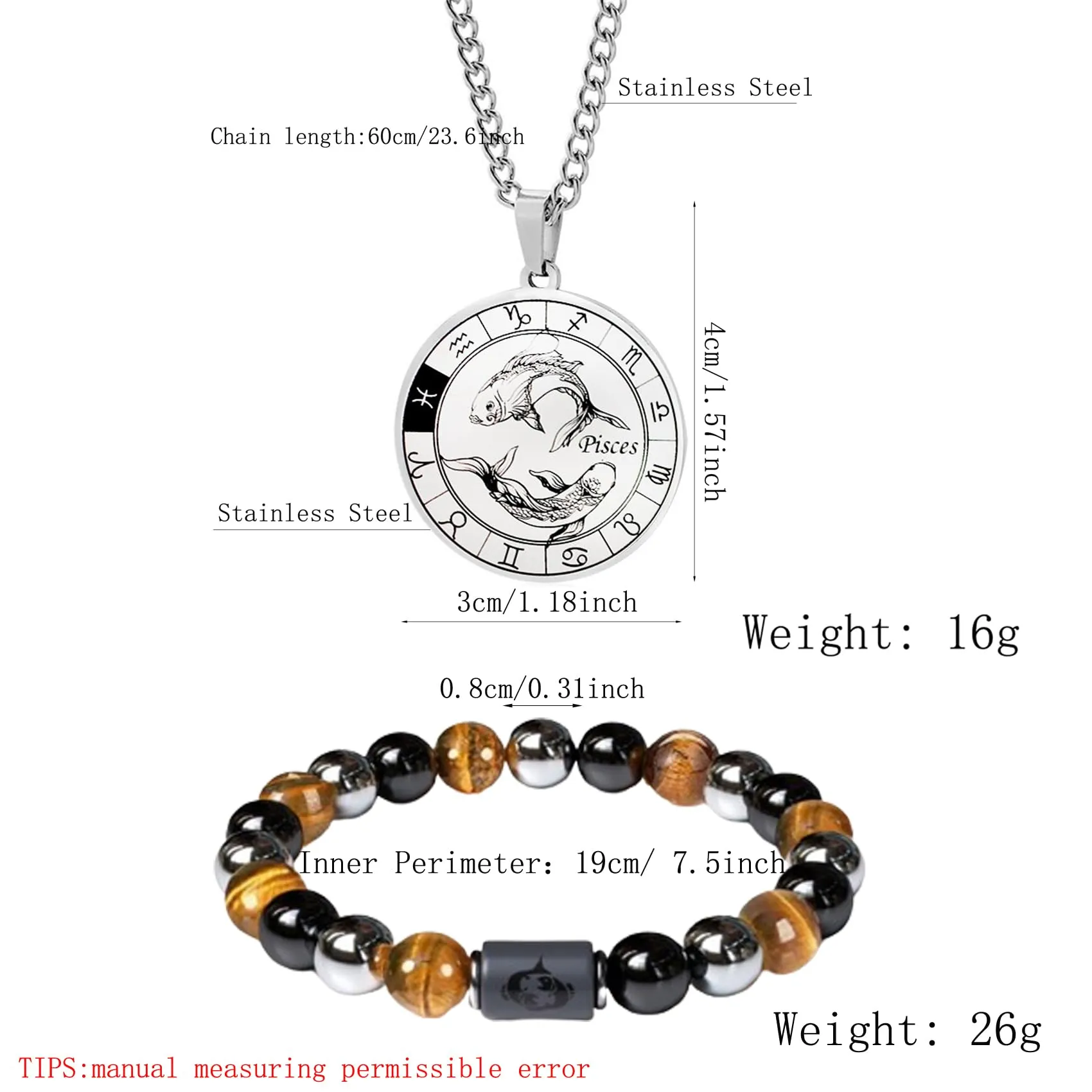 Caimeytie Set da uomo con segno zodiacale, collana e bracciale a costellazione in acciaio inox e perle - immagine 5
