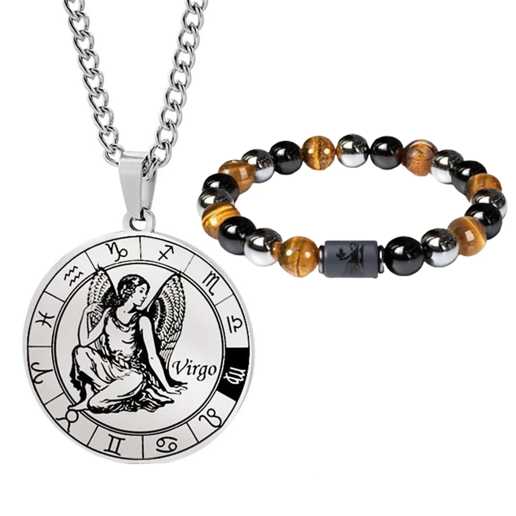Caimeytie Set uomo con segno zodiacale, collana e bracciale a costellazione in acciaio inox e perle - immagine 1