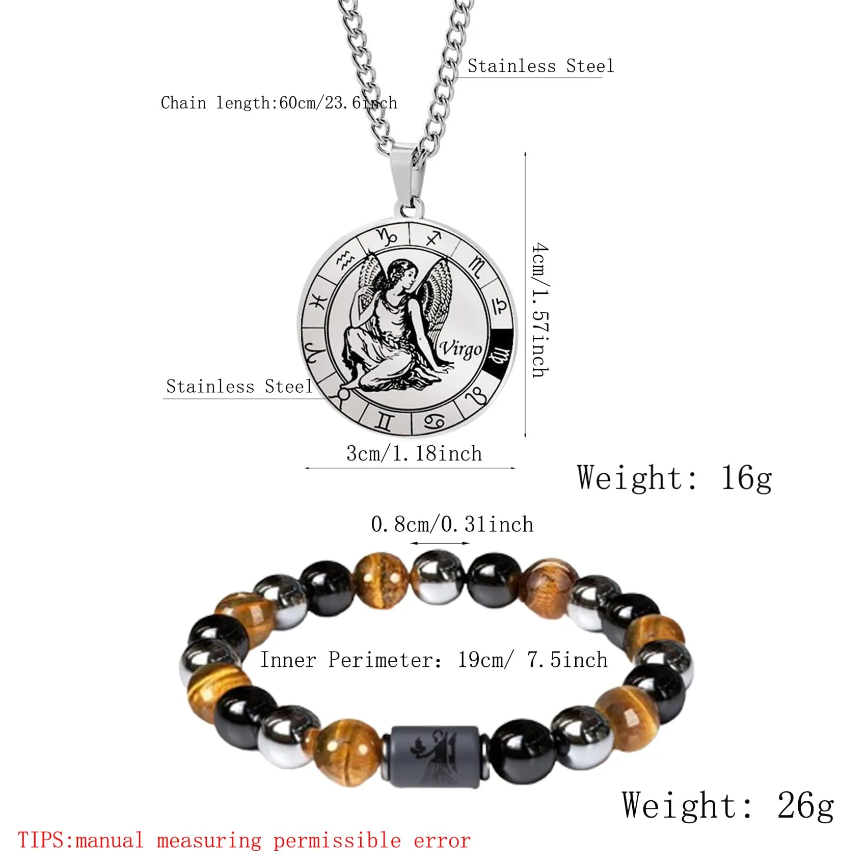 Caimeytie Set uomo con segno zodiacale, collana e bracciale a costellazione in acciaio inox e perle - immagine 3