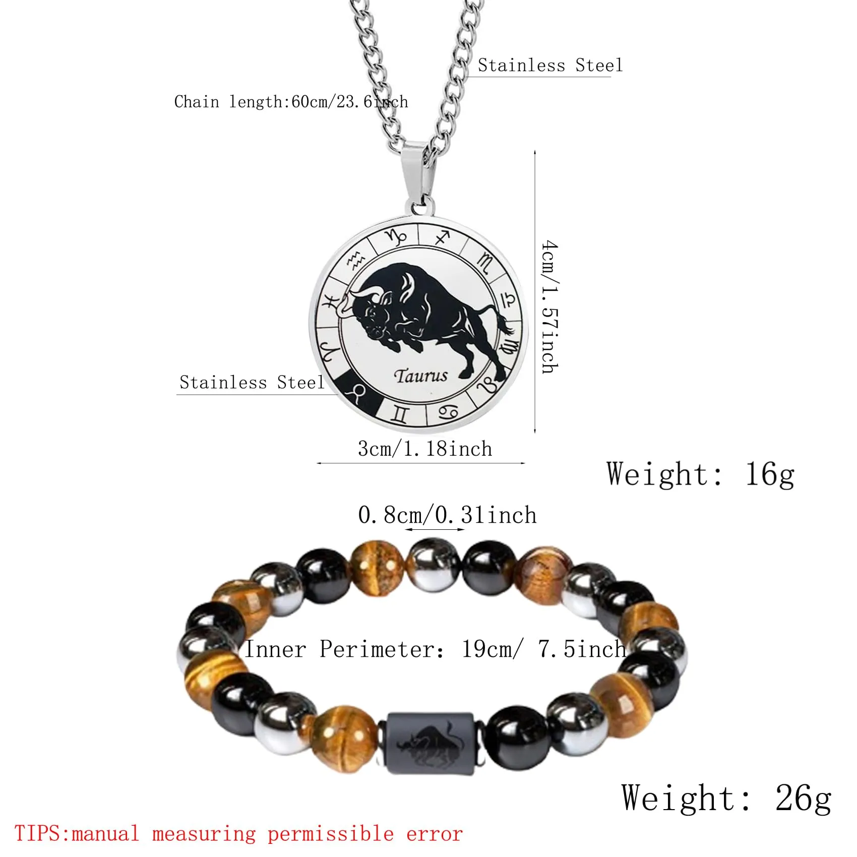 Caimeytie Set Collana e Bracciale Segno Zodiacale in Acciaio Inossidabile per Uomo - immagine 4
