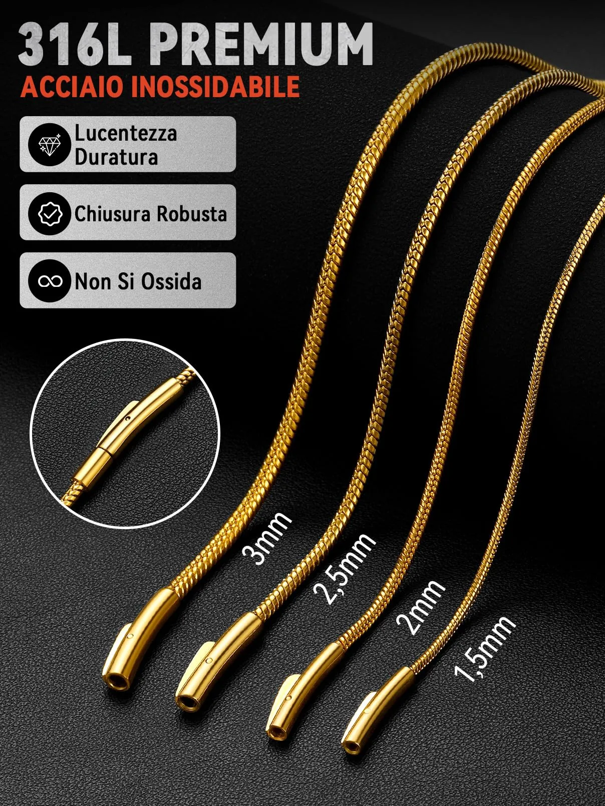 FaithHeart Collana Uomo Catena Serpente Acciaio Inox 1,5mm 65cm - immagine 6