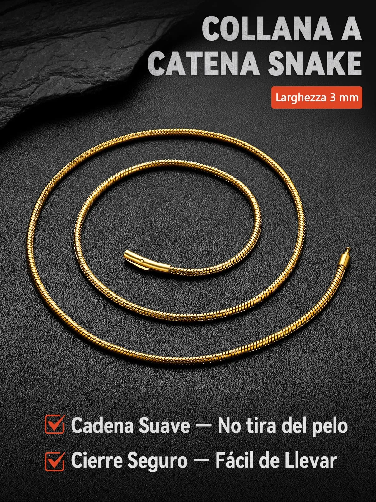 FaithHeart Collana Uomo Catena Serpente Acciaio Inox 3mm 55cm - immagine 3