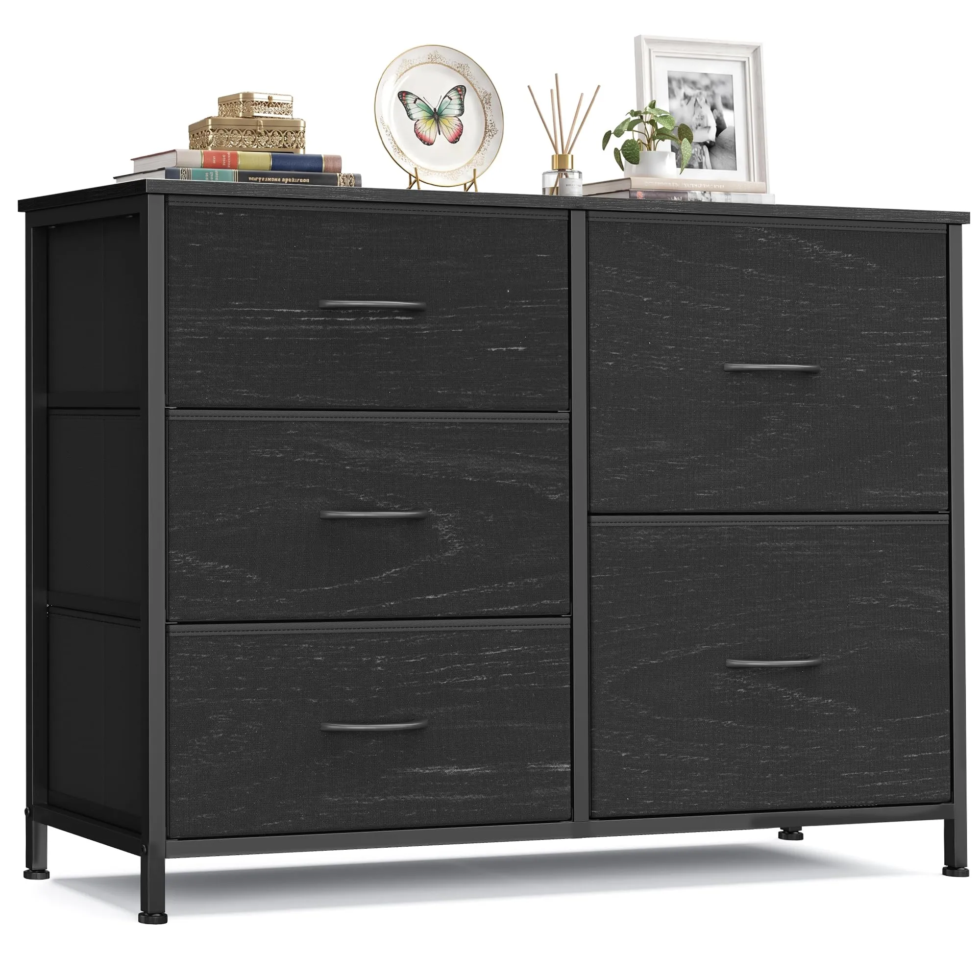 SONGMICS Cassettiera con 5 Cassetti in Tessuto, Struttura in Acciaio, Nero Ebano, 98,7 x 30 x 74,7 cm, LGS235B201 - immagine 1