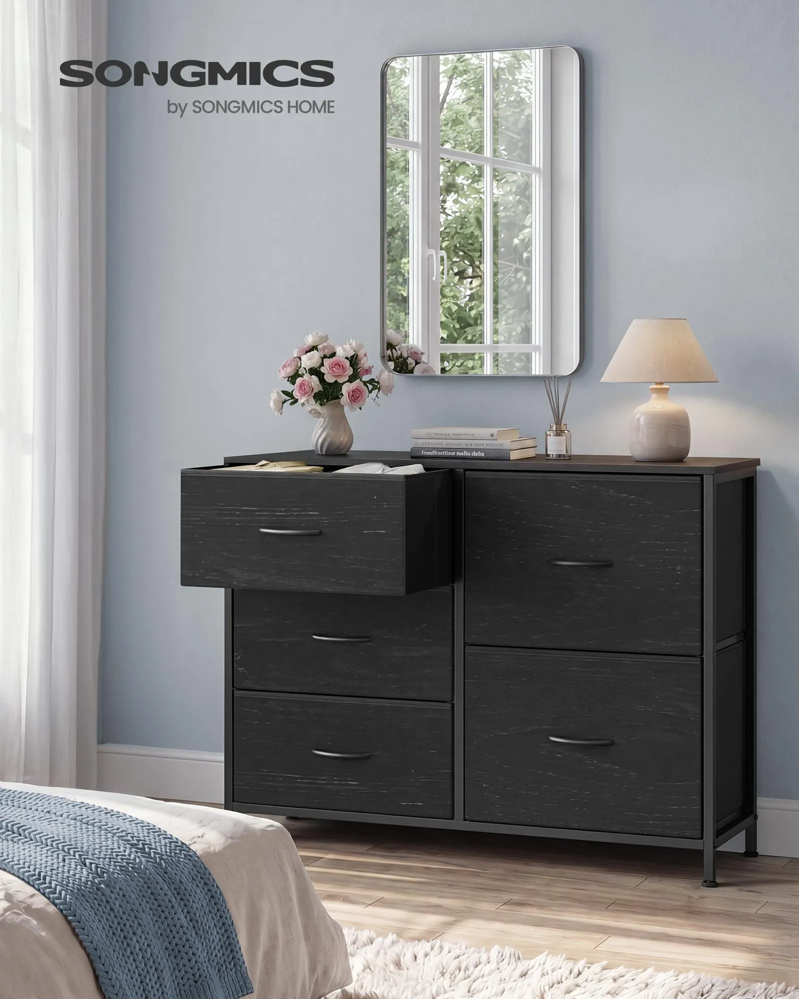 SONGMICS Cassettiera con 5 Cassetti in Tessuto, Struttura in Acciaio, Nero Ebano, 98,7 x 30 x 74,7 cm, LGS235B201 - immagine 2